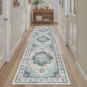 lot 19727 image: Madane Runner Rug 2x8, Washable Hallway Runner Rugs, Non-Slip Low-Pile Soft Kitchen Rug Runner Laundry Room Rug, Vintage Throw Entry Foyer Mat for Entrance Living Room (Blue, 2 x 8)
