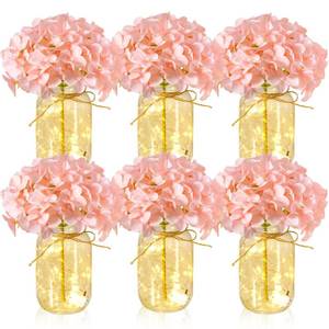 lot 19733 image: Juinte 6 Sets Mason Jar with Lights Pink Hydrangea Decorative Pink Centerpieces for Tables Mason Jars Flowers Decorations LED Farmhouse Vase for Home Wedding Event Party Decor