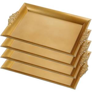 lot 19740 image: Teecyhooo 4 Pcs Gold Tray 14 x 10 Rectangle Decorative Plastic Serving Trays with Embossed Rims for Party Anniversary Wedding Bridal Shower, Baby Shower, Birthday, Cake Dessert Display