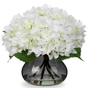 lot 19752 image: Hollyone Hydrangea Artificial Flowers with Glass Vase White Silk Faux Flowers Arrangements with Faux Water Fake Floral Bulk Bouquet for Home Decor Table Centerpiece Decorations