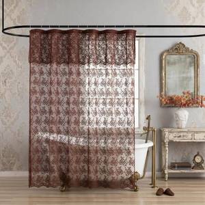 lot 20225 image: YJ YANJUN Brown Lace Shower Curtain with Attached Valance, Scalloped Edge Floral Sheer Bathroom Curtain Set, Elegant Vintage Farmhouse Boho Bath Decor, 72x72 Inch, 1 Panel, Chocolate Brown