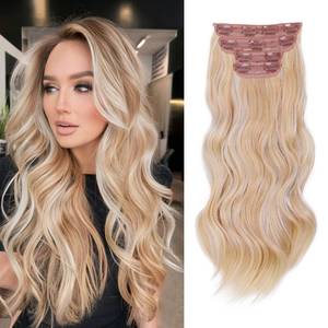 lot 20268 image: Vigorous Clip in Hair Extensions 20Inch Ash Blonde Mixed Bleach Blonde Hair Extensions Clip Ins 4Pcs Long Wavy Soft Synthetic Hairpieces for Women