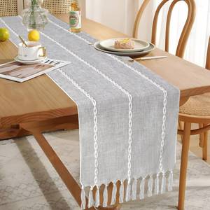 lot 20279 image: Boho Table Runner, Rustic Farmhouse Cotton and Linen Table Runner with Hand-Tassels, Elegant Kitchen Table Runner for Daily Dining Bedroom Decor and Event Holiday Party Decor 13�72 inches, Grey