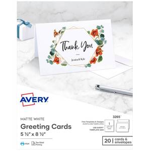 lot 20290 image: Avery Printable Half-Fold Greeting Cards, Envelopes Included, 5.5 x 8.5, Matte White, Inkjet Printer Compatible, 20 Blank Cards Total, Great for Product Branding, Marketing, and More (3265) (Open Box, May Be Missing Pieces)