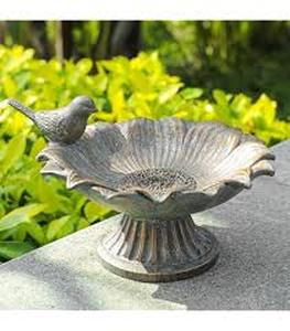 lot 9858 image: Sunflower Bird Bath with Bird Figurine - Blue and Gold Patina Finish