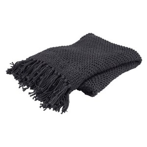lot 19742 image: Dark Gray Acrylic Knit Throw Blanket with Fringe (Used)