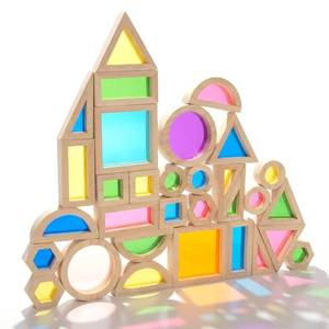 lot 2375 image: WOODENFUN Wood Building Blocks Set for Kids, 32 Pcs Rainbow Stacker Stacking Game Construction Toys Set Preschool Colorful Learning Educational Toys, Geometry Wooden Blocks for Boys Girls