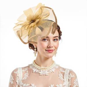 lot 2393 image: Zando 2026 Kentucky Fascinators Derby Gold Hats For Women Girls Headpiece 20s 50s Feather Fascinators Vintage Tea Party Hats For Womens Headwear Cocktail Wedding Church Derby Hat One Size