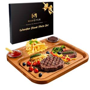lot 2394 image: MAVOTER Wooden Steak Plates include 2 Sauce Cups, Wood Steak Board Set Serving Tray for Food Meat Cutting Board with Juice Groove, Charcuterie Board Platter for Home