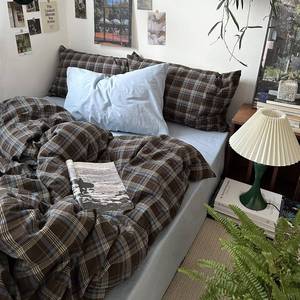 lot 2401 image: mixinni Vintage Brown & Blue Buffalo Plaid Duvet Cover Set Twin XL Size - 3 Piece Washed Cotton Bedding Set with Grid Pattern, Soft & Breathable Duvet Cover with Pillowcases for Boys, Men& Women