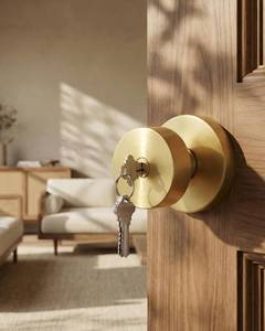 lot 2405 image: Haidms Gold Door Knob with Key, Heavy-Duty Zinc Alloy Keyed Entry Door Knob Exterior, Brushed Gold Front Door Knobs with Lock, Keyed Alike, 1 Pack