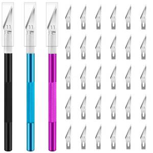 lot 4351 image: JETMORE Exacto Knife, 3 Exacto Knives with 30 Exacto Blades #11, Craft Knife, Hobby Knife, Precision Knife, Exacto Knife Set for Crafts, Arts, Modeling, Scrapbooking (Purple-Blue-Black)