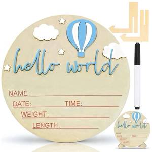 lot 4359 image: Baby Announcement Sign,Personalized Wooden 5.9inch Hello World Newborn Sign,Birth Name Announcement,3D Pattern��Boys And Girls Gift,Hospital Nursery For Baby (Hot Air Balloon Blue)