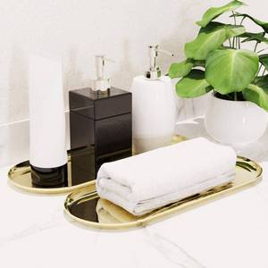 lot 4384 image: AquaChase 2 Pack Golden Bathroom Sink Vanity Decorative Tray, 12in Oval Trinket Storage for Dresser Counter, Stainless Steel Decor Jewelry Dish Tray, Perfume Candle Key Valet Organizer