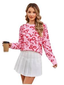 lot 4419 image: RoseSeek Womens 3D Floral Appliques Crewneck Sweaters Long Sleeve Drop Shoulder Pullovers Elegant Knit Tops Bow Red and Pink Medium