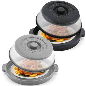 lot 5457 image: Microwave Splatter Cover for Food with Anti-scald Base Plate,Large Plastic & Silicone Vented Avoid Scalding Collapsible Guard Lid, Plate & Kitchen Colander for Meal Prep-10.7 Inch (2pcs-Gray-Black)
