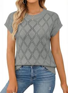 lot 6050 image: SHEWIN Sweaters for Women Crew Neck Womens Short Sleeve Tops Lightweight Womens Blouses Pullover Knit Cute Shirts Loose Fits Casual Outfits Hollow Out Summer Tops for Women, US 18-20(2XL), Gray