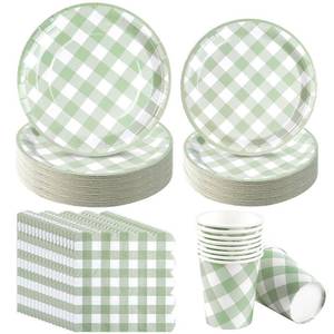 lot 6053 image: 175 Pcs Sage Green Gingham Plates and Napkins Set, Sage Gingham Party Supplies with Paper Plates Napkins Cups Plastic Spoons Forks Knives for Wedding Picnic Baby Shower Decorations