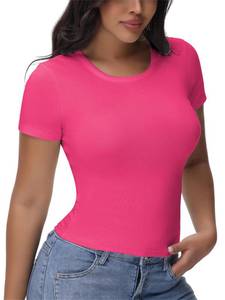 lot 6084 image: EasyFair Womens T Shirts Basic Short Sleeve Crew Neck Slim Fit Tees Summer Workout Casual Bodycon Tops 2025 Hot Pink size XS