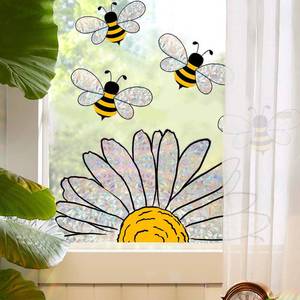 lot 6085 image: 5pcs Spring Summer Bee Sunflower Window Stickers, Double-Side Glass Decals Shiny Rainbow Prism Window Clings for Mirror Glass Display Shop Office School Supplies Reusable three pack