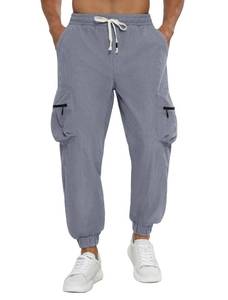lot 6087 image: APTRO Mens Corduroy Pants Cargo Casual Trousers Baggy Tapered Elastic Waist Joggers with Drawstring and Zipper Pockets DXR04 Grey XL