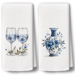 lot 6116 image: BCUANGD Chinoiserie Kitchen Towels Decor - Blue and White Flower Hand Tea Towels, Porcelain Vase Hydrangea Dish Towel Dishcloths Decorations for Grandmillennial Home Kitchen, 16x24