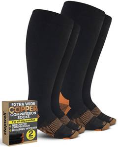 lot 6201 image: STEPWELL Copper Plus Size Compression Socks Wide Calf - 2 Pairs  Easy-On, Easy Off  Knee High Circulation Support  Compression Socks Men Wide Calf  Black-4XL