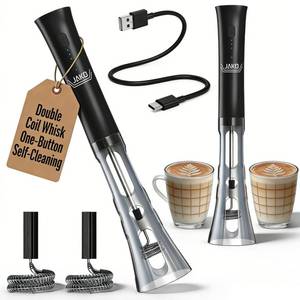 lot 6213 image: Milk Frother Handheld, Low Noise Rechargeable Frother Wand with Stand, Stainless Steel Shaft for Stability Stirrers Electric, Anti-Accidental Start Design, Coffee Mixer with 2 Double Coil Whisks