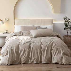 lot 6222 image: JIYUAN Twin Size Duvet Cover Set, 2-Piece - 100% Washed Cotton, Linen-Like Soft & Breathable with Zipper Closure, Includes 68x90 Inch Cover & 1 Pillowcase, Heathered Tannish Linen Grey