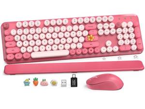 lot 9922 image: Wireless Keyboard and Mouse Combo, Cute Hot Pink Full-Size Retro Typewriter Keyboard with Round Keycaps, Magnetic Wrist Rest, Tilt Legs, 2.4GHz Cordless for Mac, Windows PC, Laptop, SABLUTE CK23
