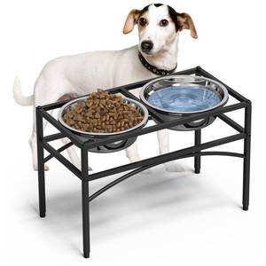 lot 11297 image: LUEXBOX Dog Bowls, Raised Pet Feeder with Stand, Stainless Steel, 10.5 inch Height, Medium or Large Breeds (Missing One Bowl) (Slightly Used)