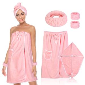 lot 11304 image: BABYSHEEP Towel Wrap Women Shower Robe Adjustable Closure Bathrobe with Hair Drying Towel & Headband Wristband Towel Dress & Spa Wraps - Pink