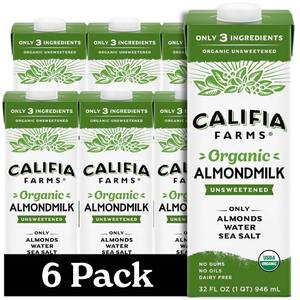 lot 11323 image: Califia Farms - Organic Unsweetened Almond Milk, 32 Oz (Pack of 6), Dairy Free, Vegan, Plant Based, Keto, Vegan, Gluten Free, Non GMO, USDA Organic (Missing One)