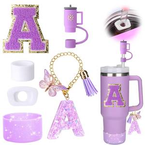 lot 12131 image: Mity rain 6PCS Cup Accessories Set for Stanley Cup 30oz 40oz tumbler with handle, Including Silicone Straw Topper Cover Cap and Boot, Spill Proof Stopper, Handle Charm, Initials Sticker (Letter A)