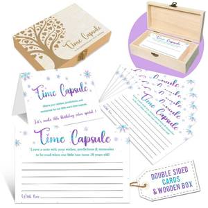 lot 12151 image: Time Capsule Box for 1st Birthday - Babys First Birthday Keepsake Kit with 50 Pcs Snowflake Party Games Cards, Child-Suitable - Time Capsule Cards Memory Box Gift (Letters to Open at 18) -A02