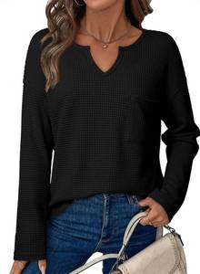 lot 12154 image: Dokotoo Tops for Women Trendy Notched V Neck Long Sleeve Lightweight Soft Waffle Knit T-Shirts Elegant Loose Fit Ladies Tops and Blouses Casual Comfy Fall Fashion Outfits Clothes 2025 Black Medium