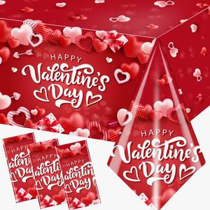 lot 12155 image: Valentines Day Tablecloth,3pcs Red Hearts Valentines Plastic Table Cloth Waterproof Red Valentines Table Cover for Valentines Day Wedding Decor Decoration