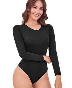 lot 12206 image: Camdoria Thong Cut Bodysuit Crew Neck Long Sleeve Double Layer Dual Snap Tummy Control Tops,
