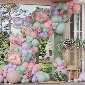 lot 12426 image: Green and Pink Balloon Garland 134Pcs Dusty Green Pink and Purple Balloons Arch Kit with Teapot Foil Balloon for Spring Tea Party Lets Partea Baby Shower Birthday Party Decorations