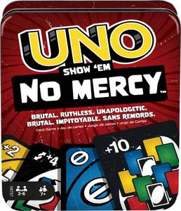lot 12431 image: Mattel Games UNO Show ��em No Mercy Card Game in Storage & Travel Tin for Kids, Adults & Family Night with Extra Cards, Special Rules & Tougher Penalties (Amazon Exclusive) (Used)