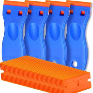 lot 12449 image: 4 Pcs Plastic Razor Blade Scraper and 100 Pcs Blades, Remove Label Decal Tool�� Forwithout Scratches Plastic Razor Blade Scraper, Adhesive Remover for Stickers, Gaskets and Paints on Window Car Glass
