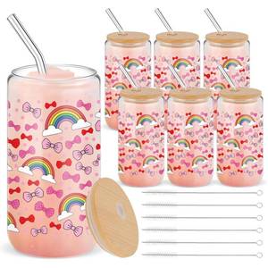lot 13025 image: Yetene 6 Sets 16oz Christmas Glass Cups with Lids and Straws, Beer Iced Coffee Drinking Glasses Cute Aesthetic Cup with Lid Straw and Cleaning Brush for Gifts(Pink Bow)