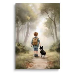 lot 13037 image: Boy and Dog Border Collie Forest Nursery Wall Decor, Woodland Adventure Nursery Decor Print, Boys Kid Bedroom Wall Art, Boys Outdoor Adventure Theme Poster, Framed Canvas, 12x16