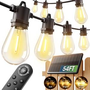 lot 14011 image: addlon 54FT(486) Solar String Lights Outdoor Waterproof with USB Charging & Remote Control - Dimmable Solar Power Patio Lights with LED Bulbs for Porch, Garden, Yard, Market, Bistro - Last for 20Hrs
