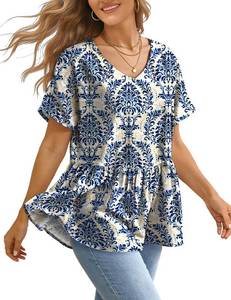 lot 14016 image: YESNO Womens Summer Tops Casual V Neck Babydoll Blouses Floral Short Sleeve Peplum Shirts M TH2 CR425B