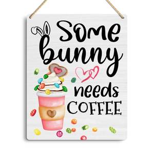 lot 14036 image: IYEZH Rustic Bunny Farmhouse Home Office Wall Decor Funny Easter Coffee Wood Sign Seasonal Holiday Easter Decorations Front Door Living Room Porch Yard Wall Hanging Decor Sign 8 X 10 Inch