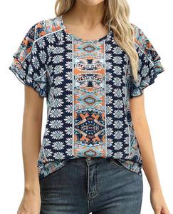 lot 14425 image: siliteelon Summer Tops for Women Print Flutter Sleeve Round Neck Blouses Dressy Casual Shirt Beach Trendy 2026, Size M