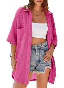 lot 14434 image: Dokotoo Womens Tops Dressy Casual Spring Waffle Knit Button Down Tops Loose Fit Short Batwing Sleeve Blouses Lightweight Solid Color V Neck Bright Pink Shirts XX-Large