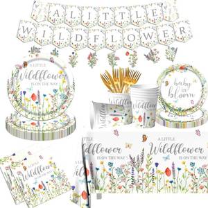 lot 14475 image: Wildflower Baby Shower Decorations - 142pcs Party Supplies With Tableware, Plates, Napkins, Tablecloth for Girls Spring White Flower Birthday