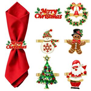 lot 14489 image: Glavatrix Christmas Napkin Rings Set of 6, Gold Metal Napkin Ring Holders Santa Snowman Christmas Tree Gingerbread Man Napkin Ring Buckle for Xmas Party Holiday Dinner Table Decoration
